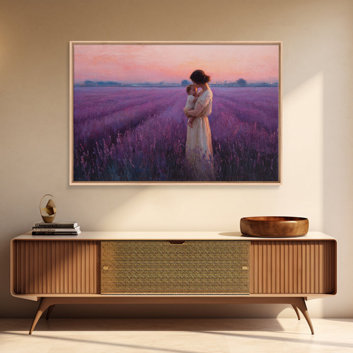 Mother And Baby Embrace In Lavender Sunset Field Framed Canvas Print, Purple Wall Art, Feminine Nursery Decor Gift For Mom