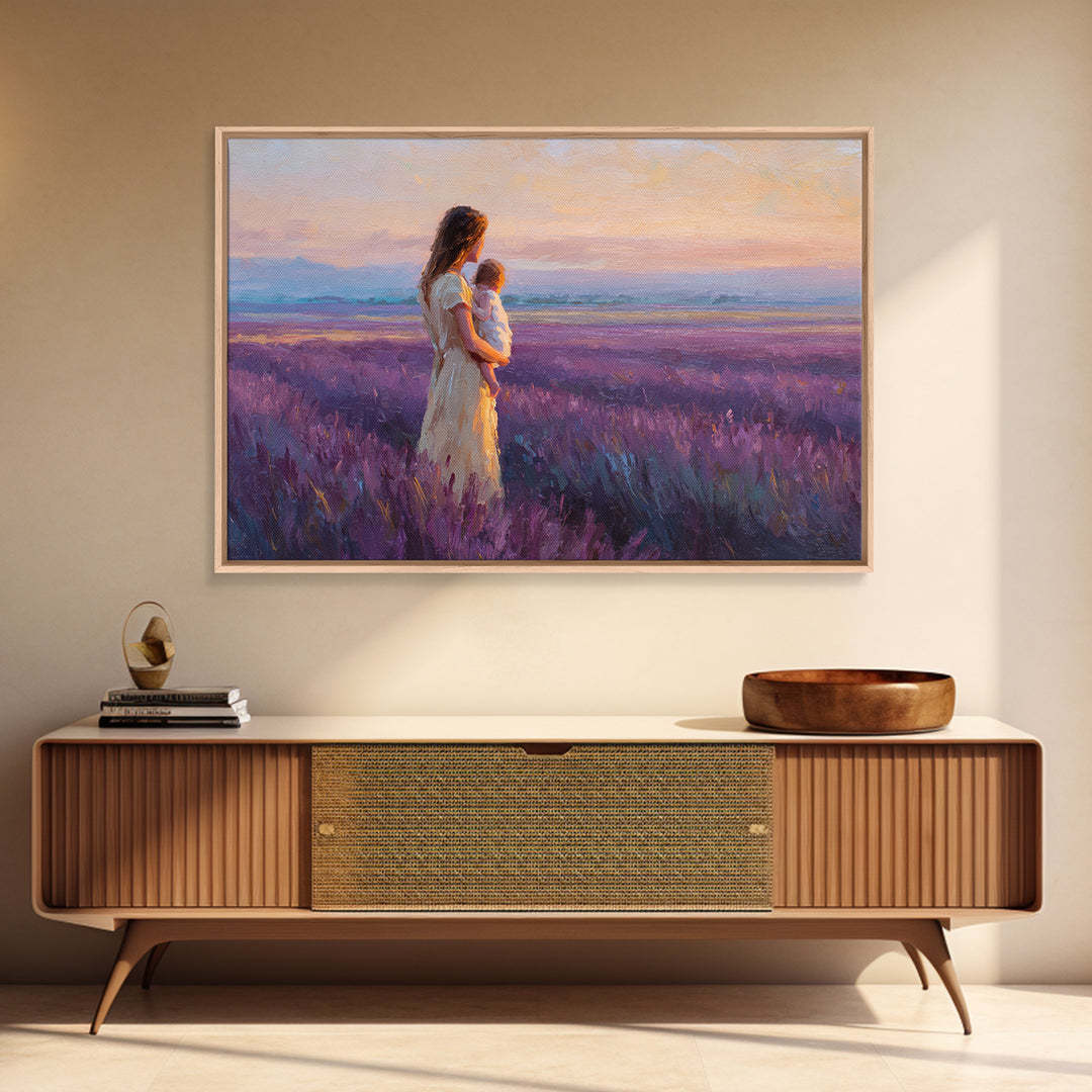 Mother And Child In Lavender Meadow Sunrise Canvas Print, Romantic Landscape Wall Art, Purple Bedroom Decor, Gift For Her