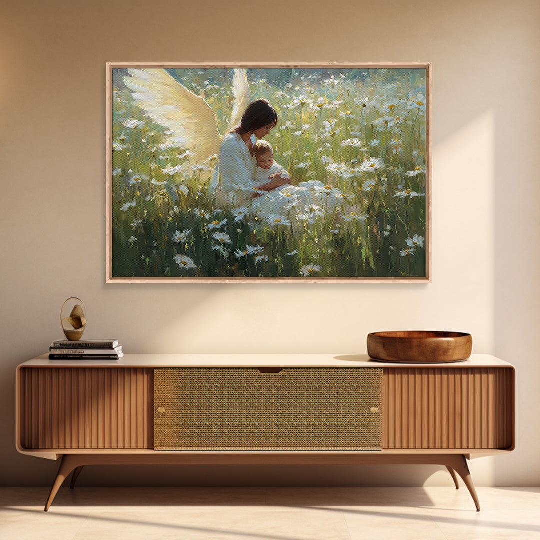 Guardian Angel Mother And Baby In Daisy Meadow Wall Art, Christian Nursery Decor, Spiritual Gift, Peaceful Floral Fine Art Print