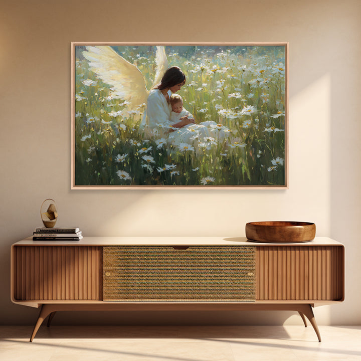 Guardian Angel Mother And Baby In Daisy Meadow Wall Art, Christian Nursery Decor, Spiritual Gift, Peaceful Floral Fine Art Print