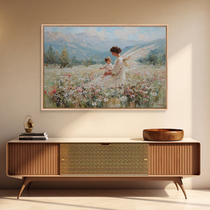 Guardian Angel And Child In Alpine Wildflower Meadow Framed Canvas Print, Christian Wall Art, Mountain Nursery Decor Gift