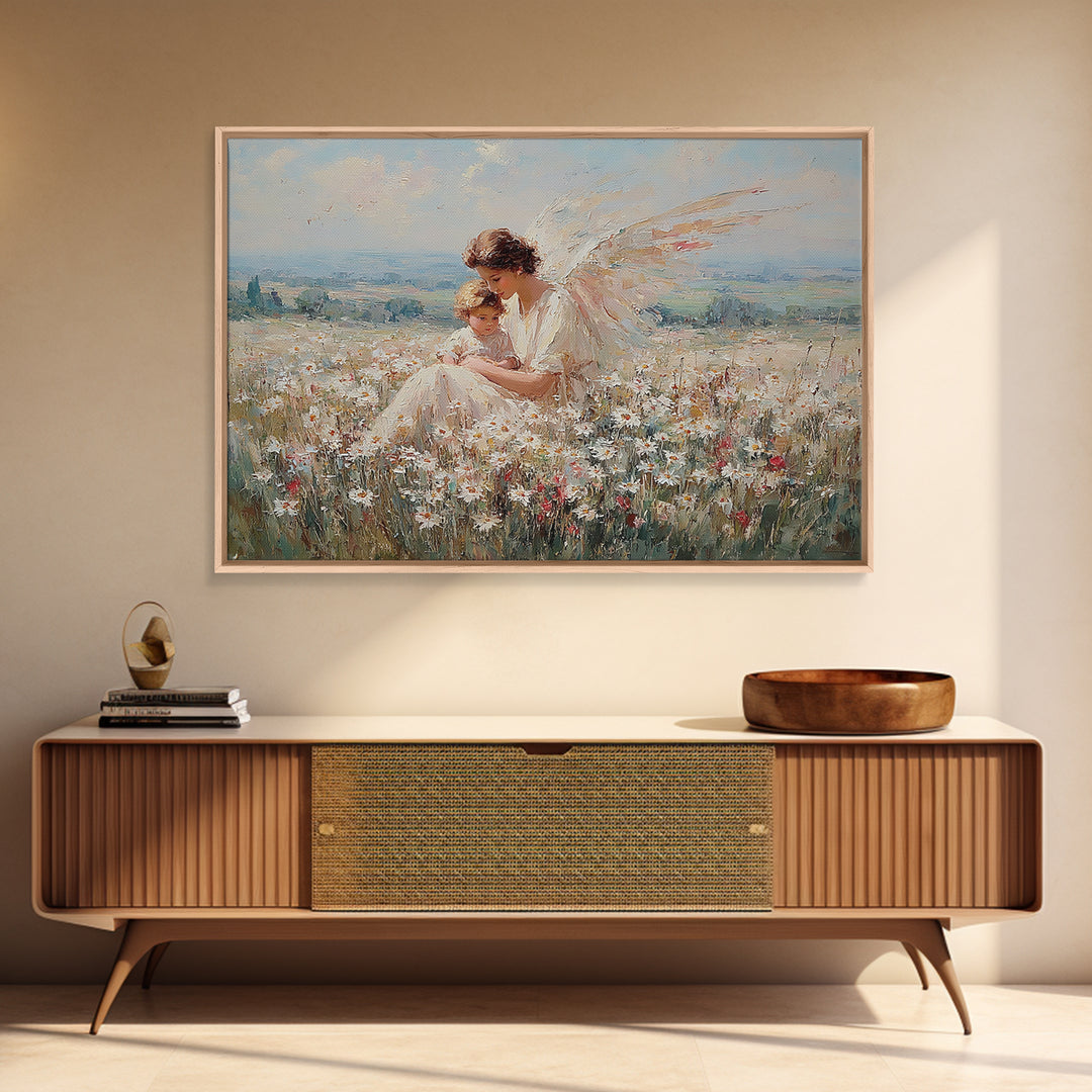 Angel Mother And Child In Wildflower Meadow Wall Art, Serene Religious Nursery Decor, Christian Gift, Fine Art Print, Home Decor