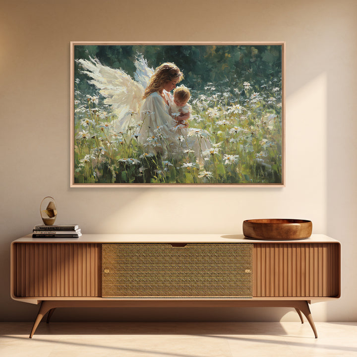 Guardian Angel Cradling Baby In Daisy Meadow Framed Canvas Print, Christian Nursery Wall Decor, Baptism Gift, Home Decor