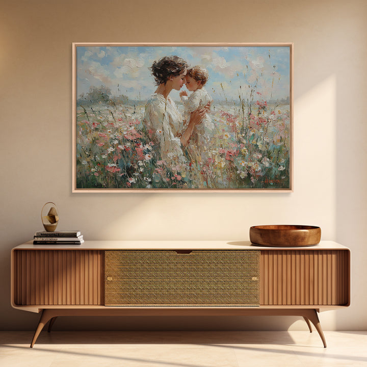 Tender Mother And Baby In Wildflower Field Framed Canvas Print, Feminine Wall Art, Nursery Decor, Christian Gift, Home Decor