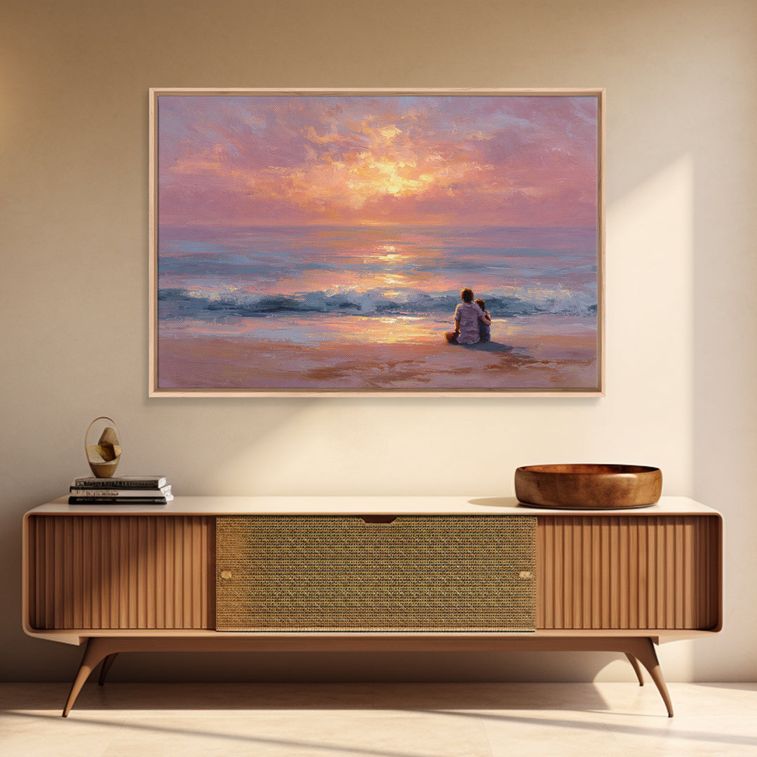 Parent And Child Watching Ocean Sunset Wall Art, Coastal Beach Canvas Print, Seascape Living Room Decor, Housewarming Gift