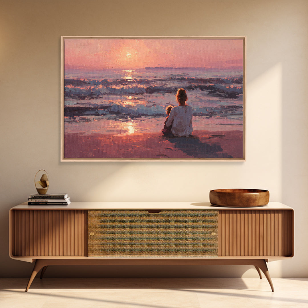 Mother And Child At Pink Ocean Sunset Wall Art, Coastal Beach House Decor, Serene Seascape Print, Gift For Mom, Living Room Decor