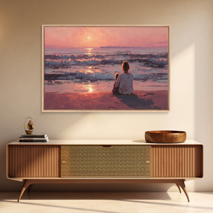 Mother And Child At Pink Ocean Sunset Wall Art, Coastal Beach House Decor, Serene Seascape Print, Gift For Mom, Living Room Decor