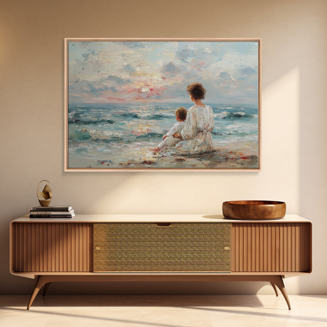 Mother And Child By Blue Sea Framed Canvas Print, Coastal Wall Art, Beach House Decor, Ocean Nursery, Gift For Mom, Living Room Art