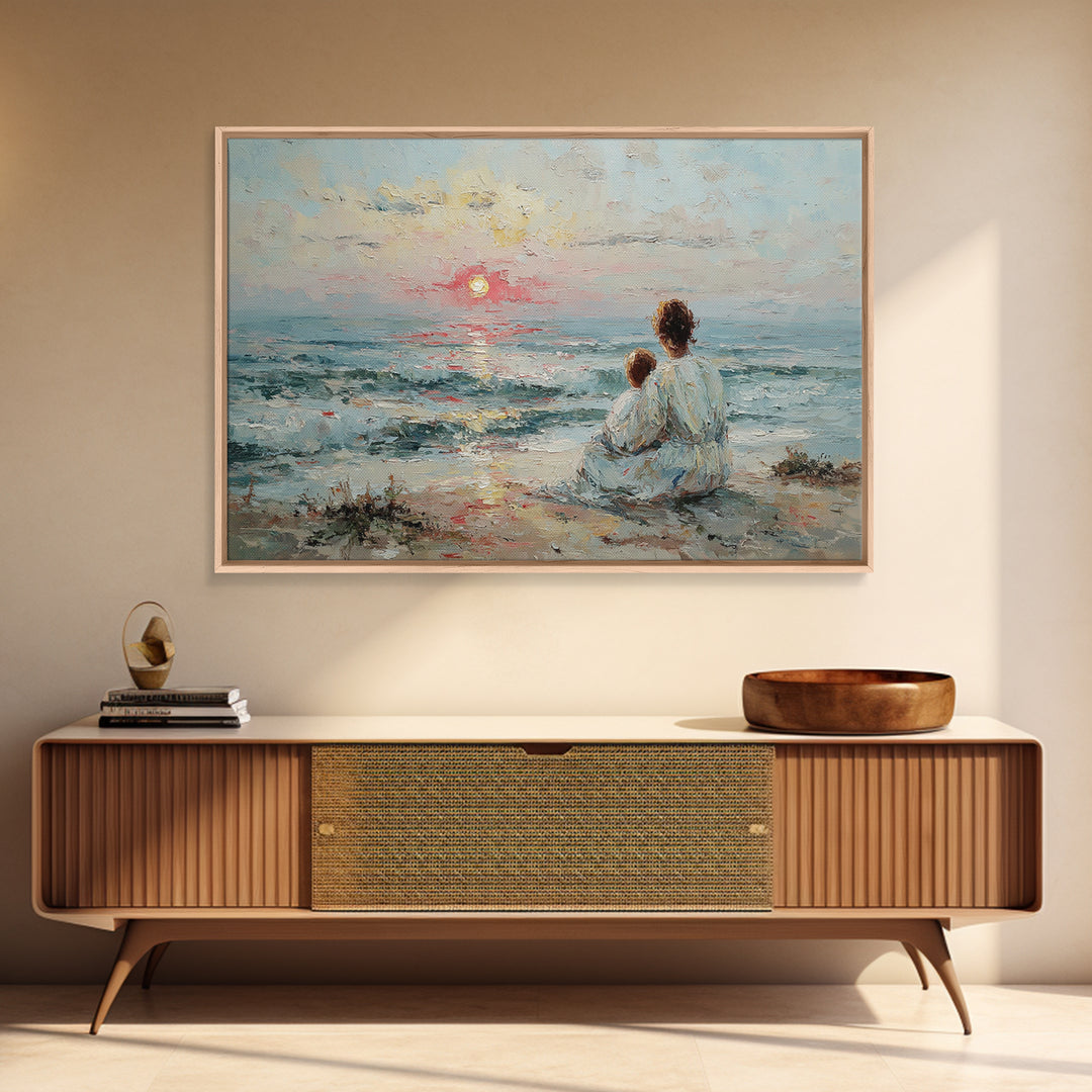 Mother And Child Watching Soft Seaside Sunset Canvas Print, Coastal Wall Art, Ocean Decor, Gift For Mom, Living Room Art