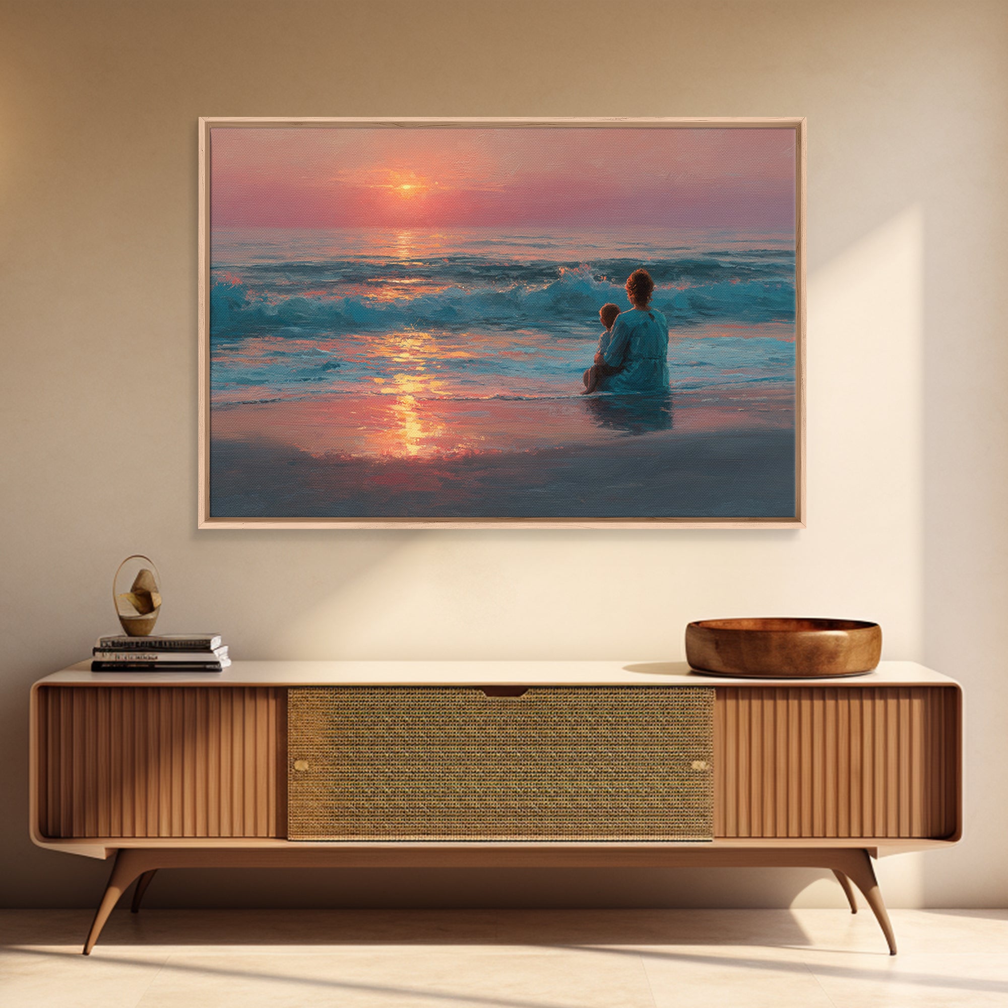Mother And Child In Rose Gold Ocean Waves Wall Art, Coastal Canvas