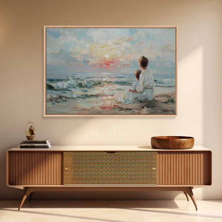 Impasto Mother And Child At Gentle Ocean Sunrise Framed Canvas Print, Coastal Wall Art, Beach Decor, Gift For Mom, Serene Home Decor