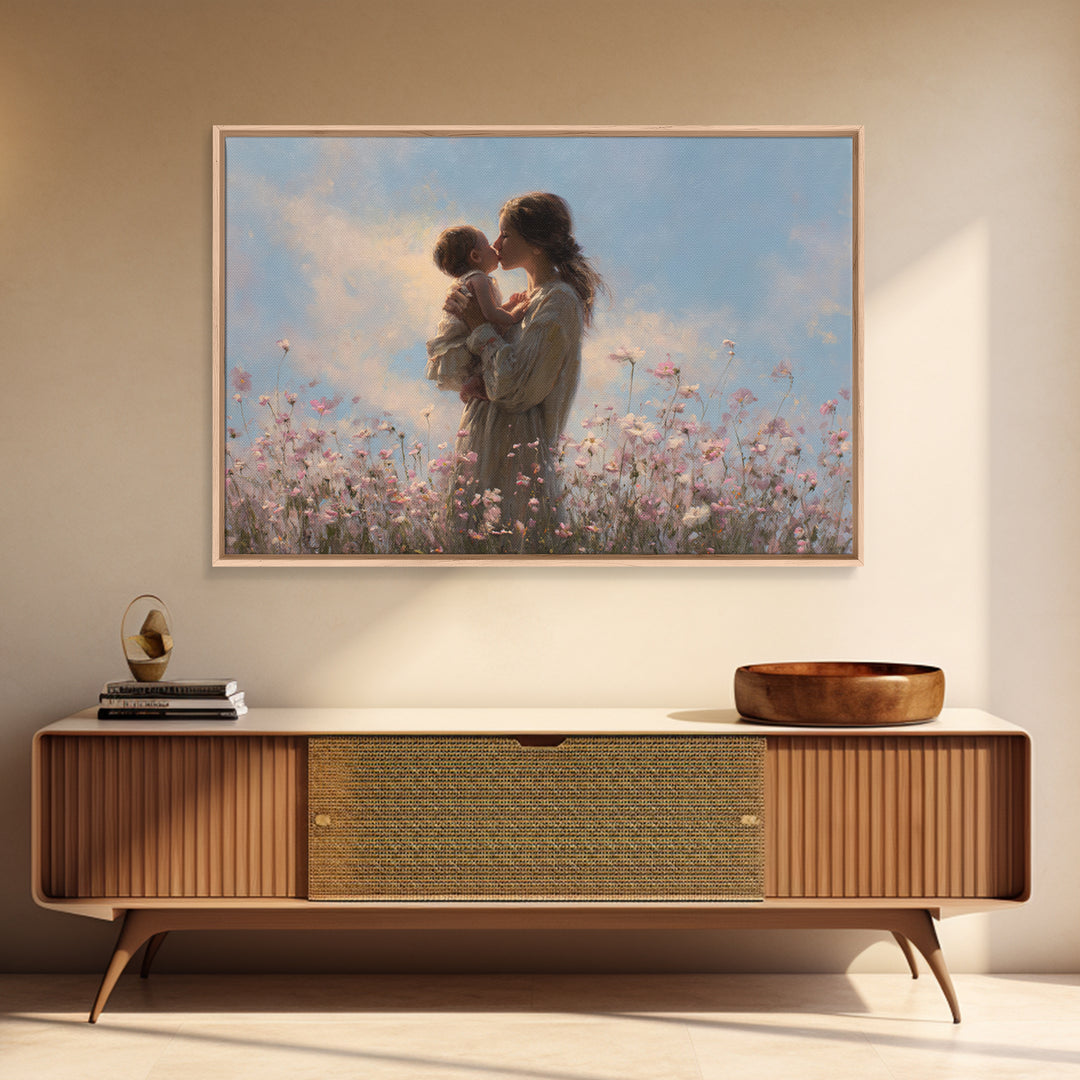 Mother Kissing Baby In Wildflower Meadow Wall Art, Feminine Floral Canvas Print, Nursery Decor, Gift For Mom, Baby Shower Gift