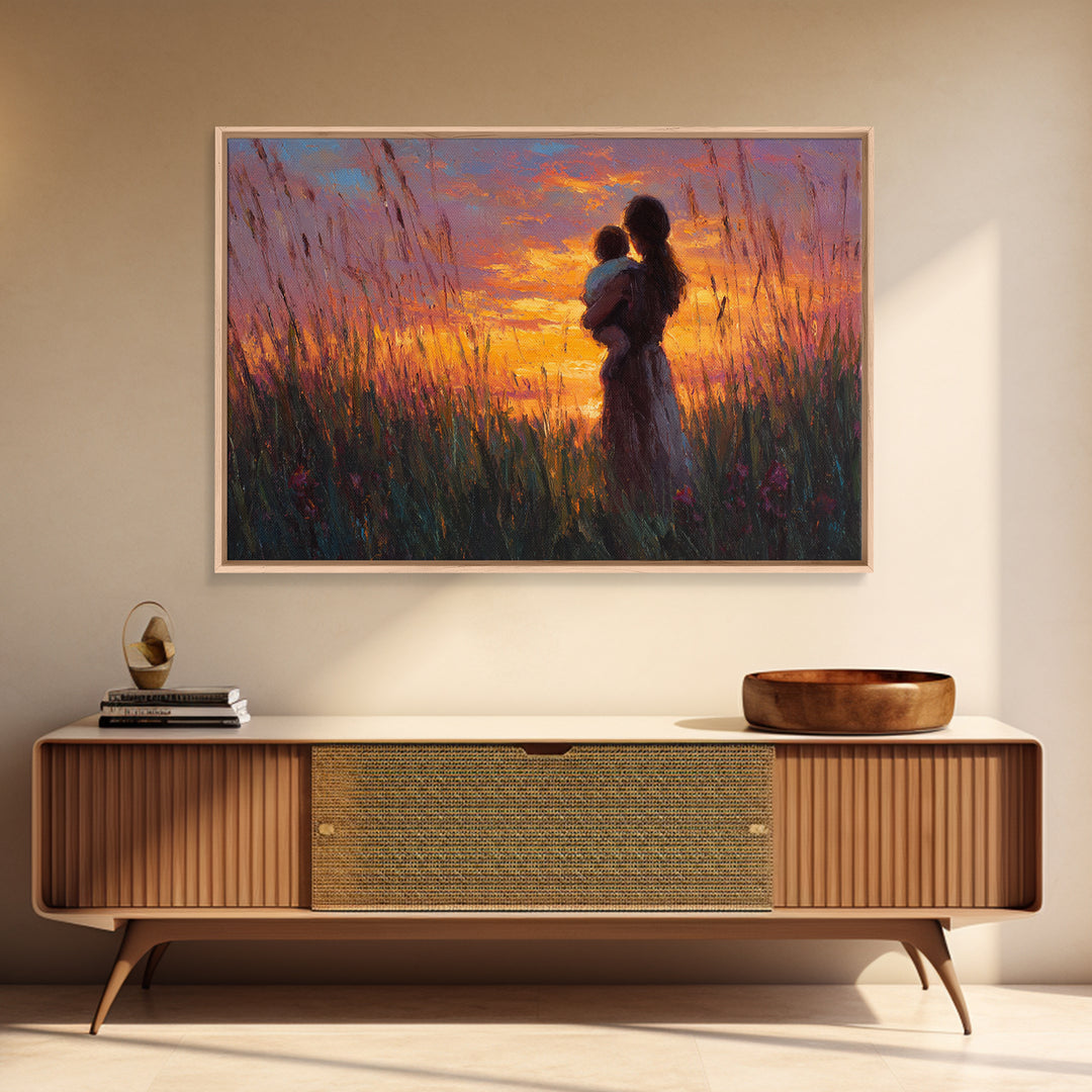 Mother And Baby Silhouette In Tall Grass Sunset Wall Art, Warm Meadow Canvas Print, Boho Nursery Decor, Gift For Mom, Bedroom Wall Art