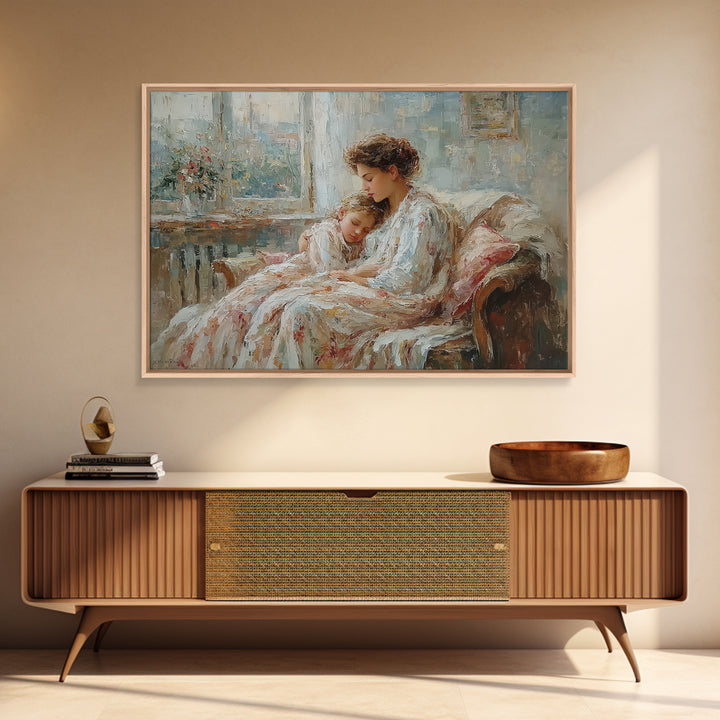 Mother And Child Resting By Window Wall Art, Impressionist Family Portrait, Cozy Bedroom Decor, Gift For Mom, Nursery Art