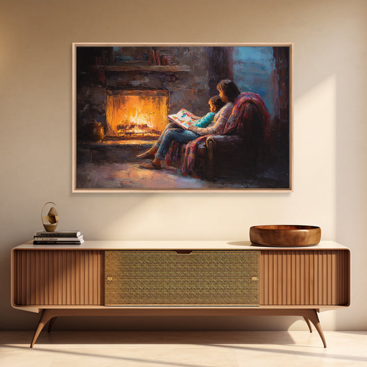 Mother And Child Reading By Glowing Fireplace Canvas Print, Cozy Family Wall Art, Dark Academia Decor, Gift For Mom, Living Room Decor