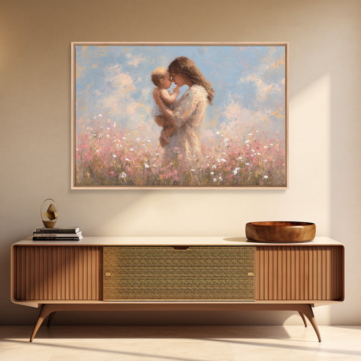 Mother Holding Baby In Wildflower Meadow Wall Art, Soft Impressionist Floral Print, Nursery Decor, Gift For Mom, Baby Gift