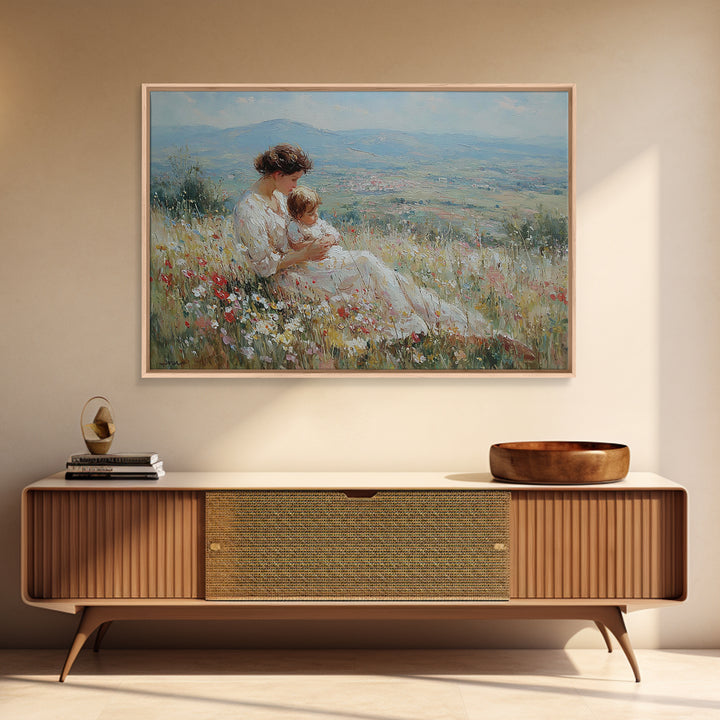 Seated Mother Nursing Baby In Flower Field Framed Canvas Print, Impressionist Landscape Art, Feminine Bedroom Decor, Gift For Her