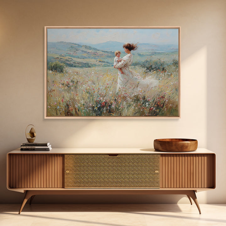 Standing Mother With Baby In Wildflower Valley Canvas Print, Impressionist Floral Landscape, Nursery Decor, Gift For Mom
