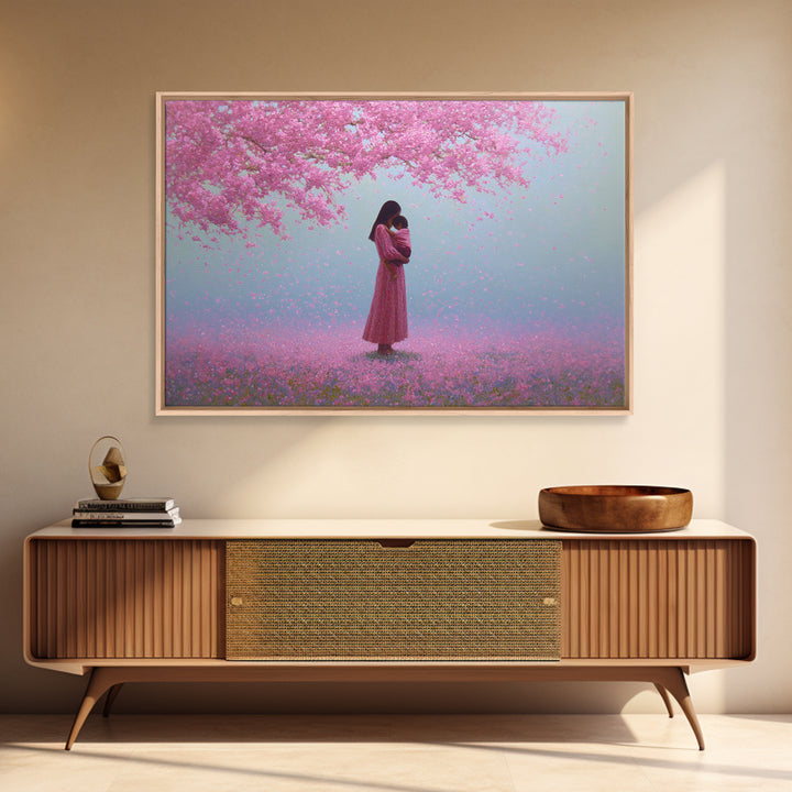 Mother And Child Under Pink Blossoms Wall Art, Cherry Blossom Painting, Feminine Nursery Decor, Romantic Gift For Her, Pink Wall Art