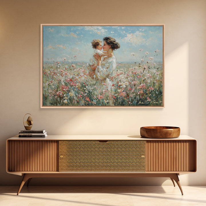 Mother Kissing Baby In Wildflower Field Canvas Print, Impressionist Floral Painting, Nursery Wall Art, Gift For Mom, Living Room Decor