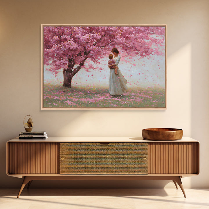 Mother And Child Under Cherry Blossom Tree Framed Canvas Print, Pink Floral Landscape, Romantic Nursery Decor, Gift For Her