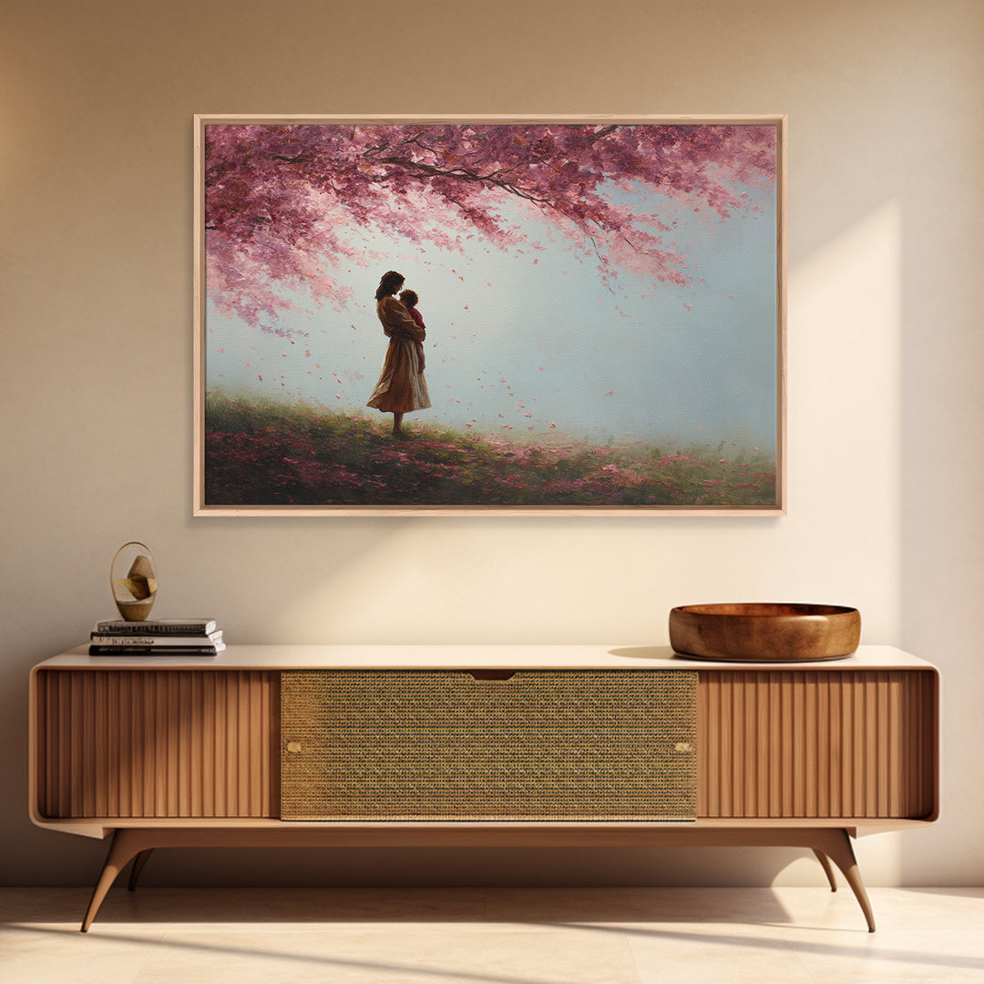 Mother And Child Under Pink Blossoms Wall Art, Soft Spring Meadow Canvas, Feminine Nursery Decor, Gift For Mom, Living Room Decor