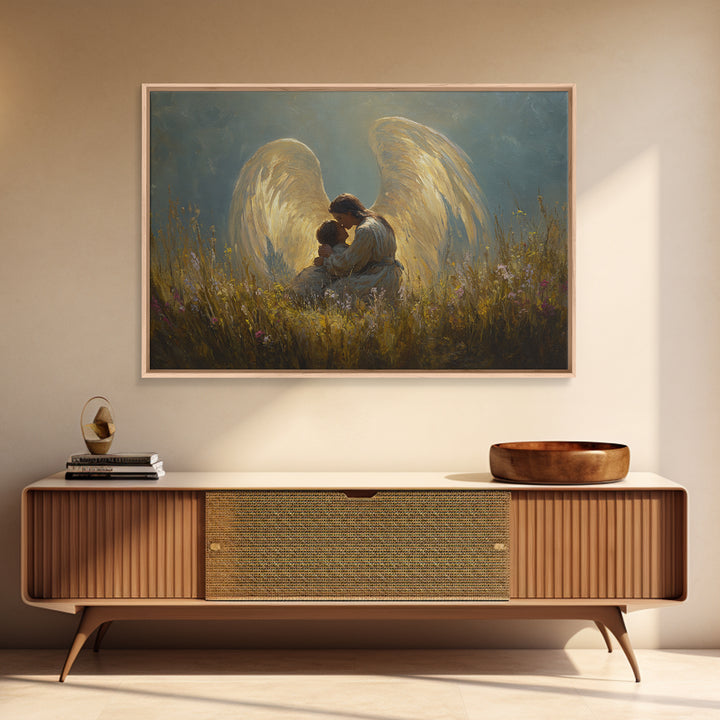 Golden Winged Angel And Child Meadow Framed Canvas Print, Spiritual Wall Art, Christian Nursery Decor, Gift For Her, Living Room Decor