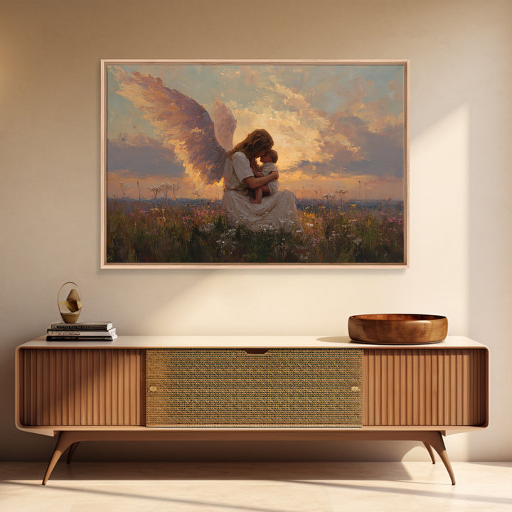 Sunset Angel Mother Cradling Baby Canvas Print, Guardian Angel Wall Art, Spiritual Nursery Decor, Christian Gift For Her