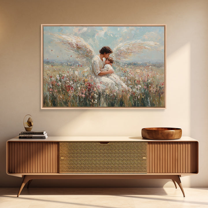 Guardian Angel Holding Baby In Wildflower Field Framed Canvas Print, Christian Wall Art, Nursery Decor, Spiritual Gift Idea