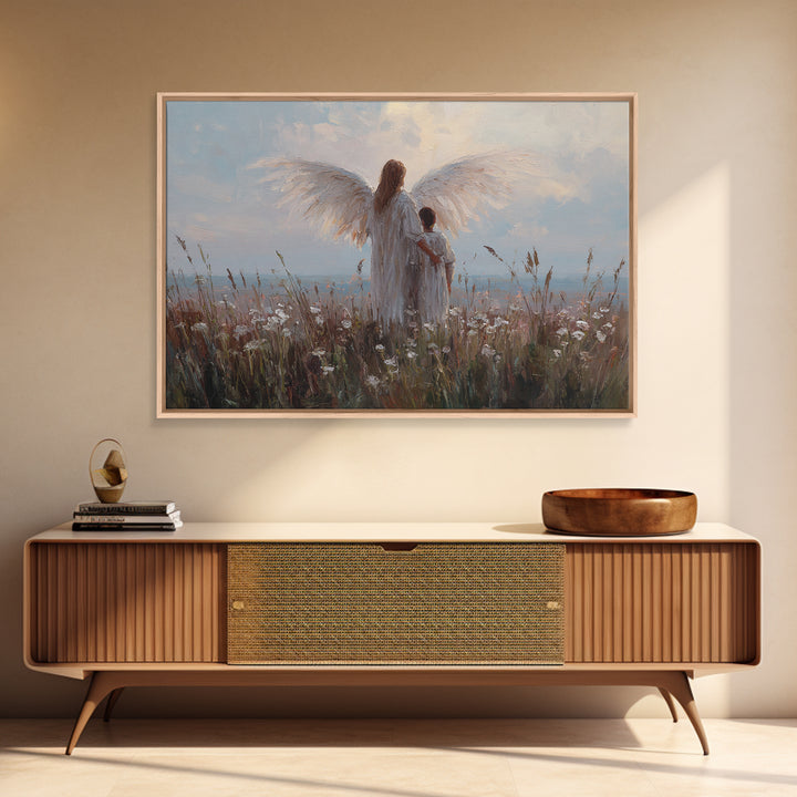 Angel And Child Facing Soft Horizon Canvas Print, Peaceful Meadow Wall Art, Christian Home Decor, Nursery Decor, Living Room Decor