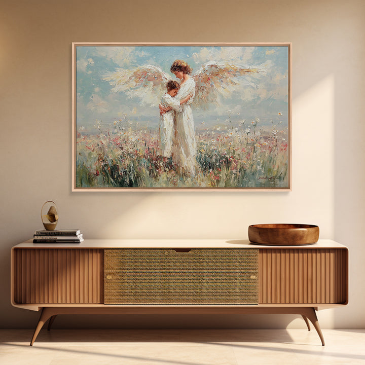 Angel Holding Child In Daisy Meadow Framed Canvas Print, Christian Wall Art, Spiritual Nursery Decor, Gift For Her, Home Decor