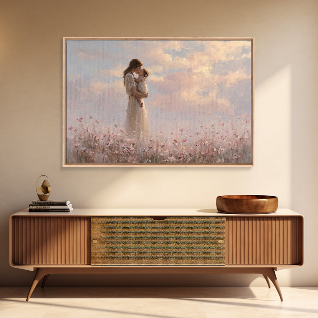 Mother Kissing Baby In Pastel Flower Meadow Wall Art, Soft Feminine Canvas Print, Nursery Decor, Gift For Mom, Bedroom Decor