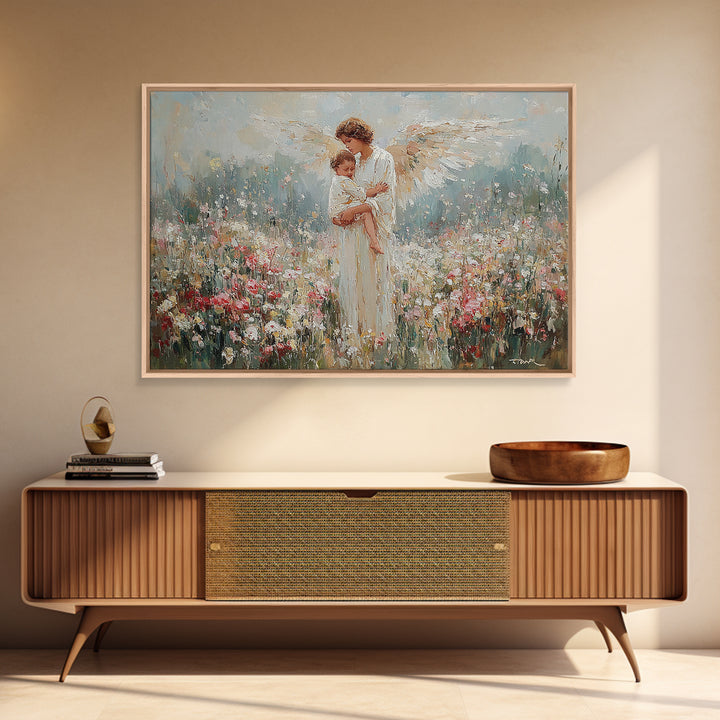 Angel Mother Holding Child In Wildflower Meadow Wall Art, Spiritual Nursery Decor, Floral Fine Art Print, Gift For Mom, Home Decor