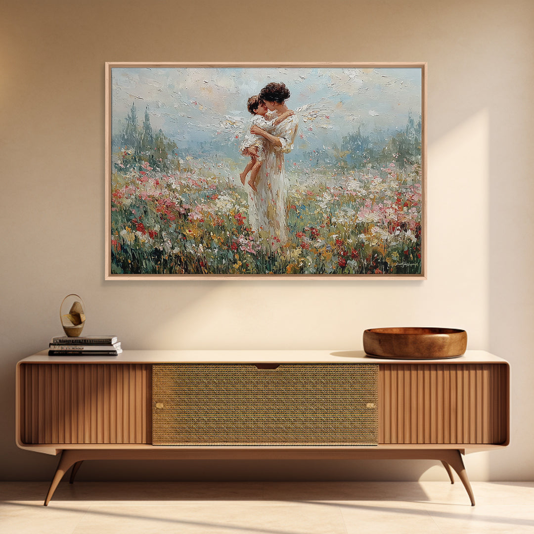 Mother And Baby Embrace In Flower Field Framed Canvas Print, Angelic Nursery Wall Art, Spiritual Gift For Mom, Home Decor