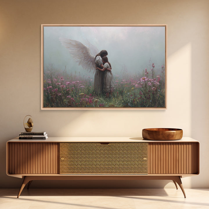 Guardian Angel Hugging Child In Misty Wildflowers Wall Art, Spiritual Nursery Decor, Moody Floral Fine Art Print For Mom