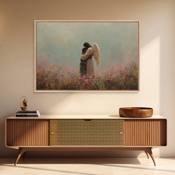 Winged Mother And Child Embracing In Pink Meadow Wall Art, Spiritual Nursery Decor, Moody Floral Painting, Gift For Her, Home Decor