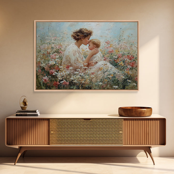 Tender Mother Kissing Baby Among White Daisies Framed Canvas Print, Floral Nursery Wall Art, Spiritual Gift For Mom, Home Decor