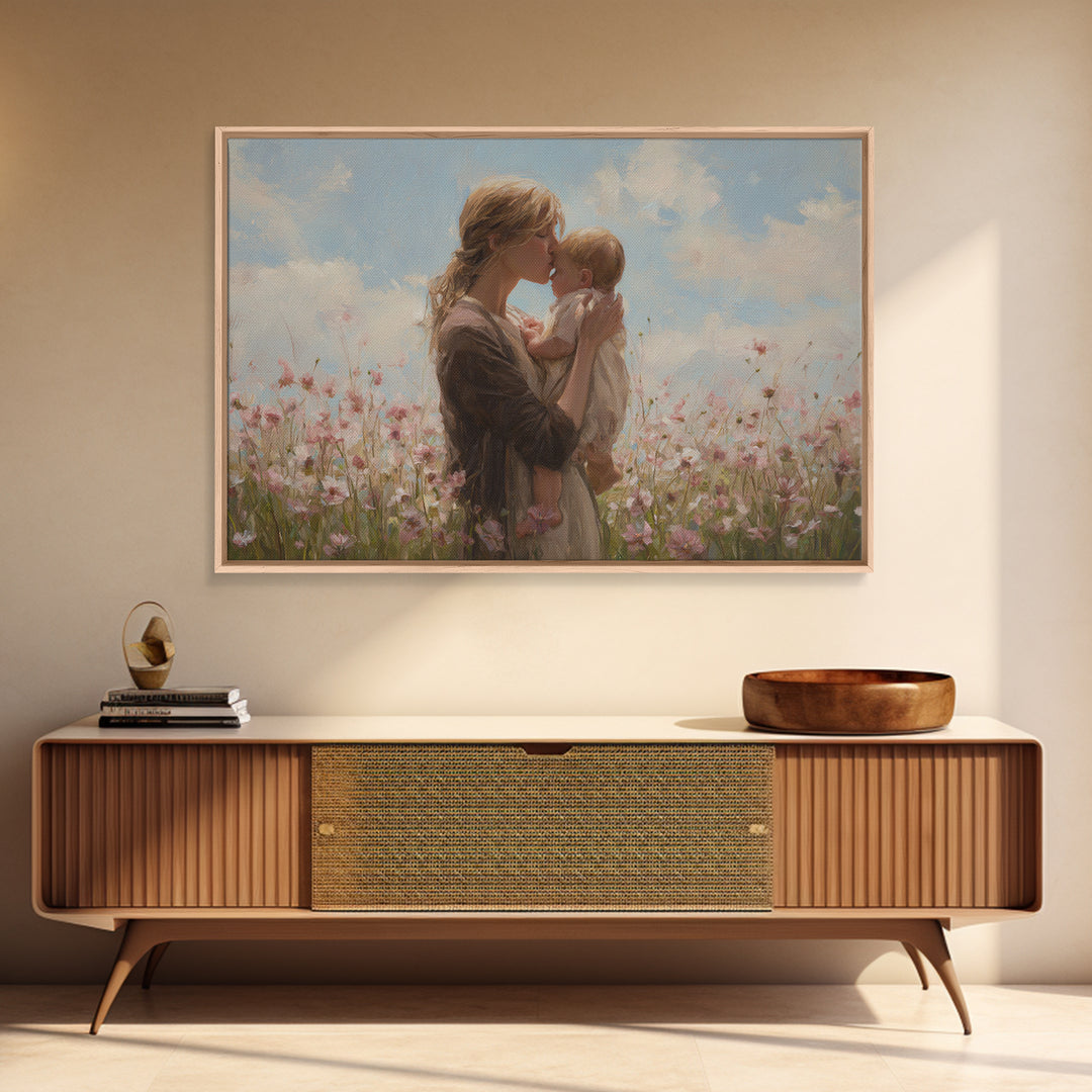 Blonde Mother Kissing Baby In Pink Flower Field Framed Canvas Print, Soft Nursery Wall Art, Mothers Day Gift, Home Decor