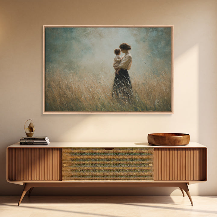 Mother And Child In Golden Grass Framed Canvas Print, Moody Impressionist Painting, Neutral Wall Art, Farmhouse Decor, Housewarming Gift