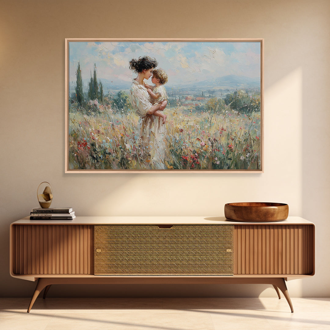 Mother And Child In Wildflower Hills Wall Art, Impressionist Oil Painting Print, Floral Wall Decor, Living Room Art, Gift For Mom