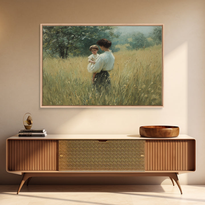 Mother Holding Child In Summer Field Framed Canvas Print, Impressionist Oil Painting, Rustic Wall Art, Farmhouse Home Decor