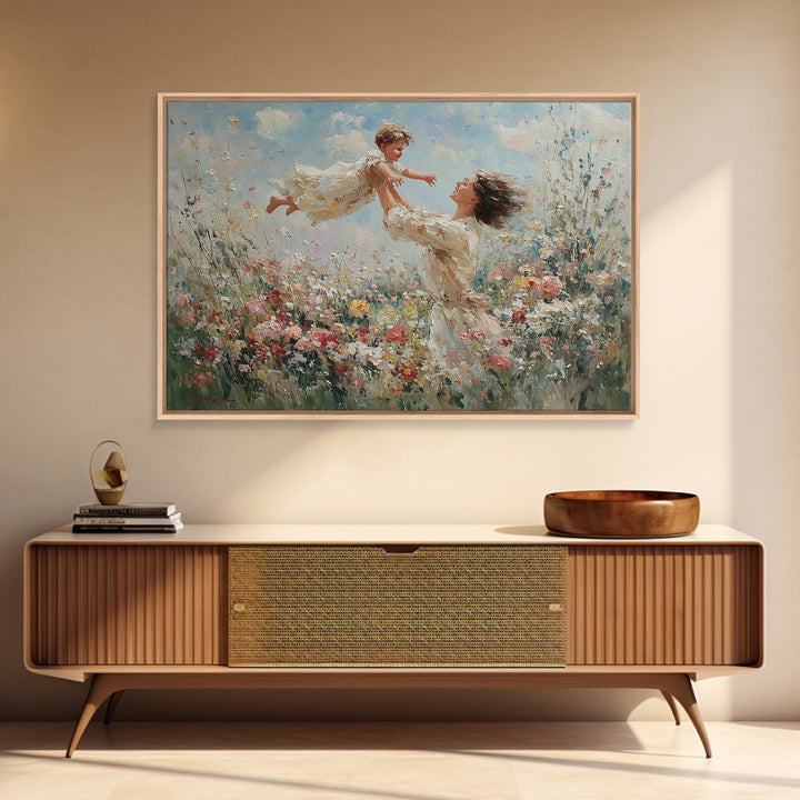 Mother Lifting Child Above Wildflowers Wall Art, Impressionist Oil Painting Print, Floral Nursery Decor, Living Room Decor, Gift For Mom