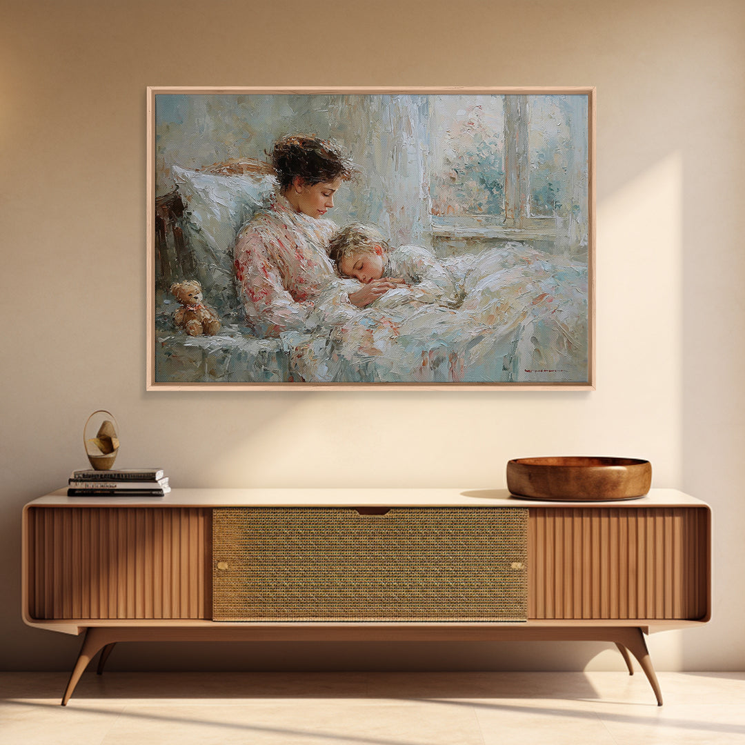 Mother And Child Bedtime Cuddle By Window Framed Canvas Print, Cozy Bedroom Wall Art, Nursery Wall Art, Gift For Mom, Home Decor