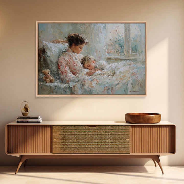 Mother And Child Bedtime Cuddle By Window Framed Canvas Print, Cozy Bedroom Wall Art, Nursery Wall Art, Gift For Mom, Home Decor