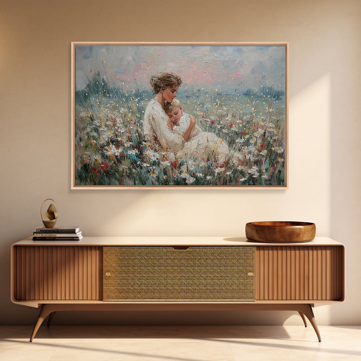 Impressionist Mother And Baby Wildflower Framed Canvas Print, Floral Wall Art, Fine Art Print, Mothers Day Gift, Home Decor