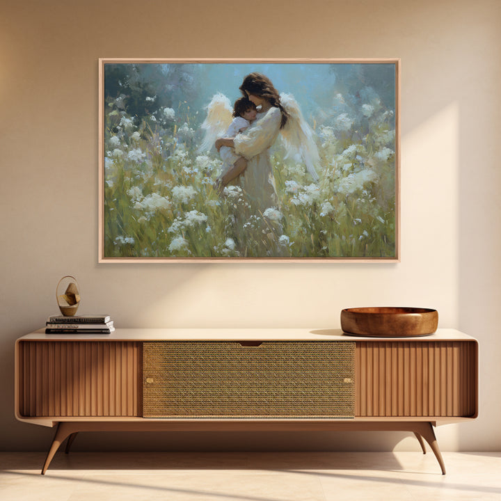 Protective Angel Mother And Baby Wall Art, Christian Nursery Decor, Spiritual Canvas Wall Art, Gift For Mom, Fine Home Decor