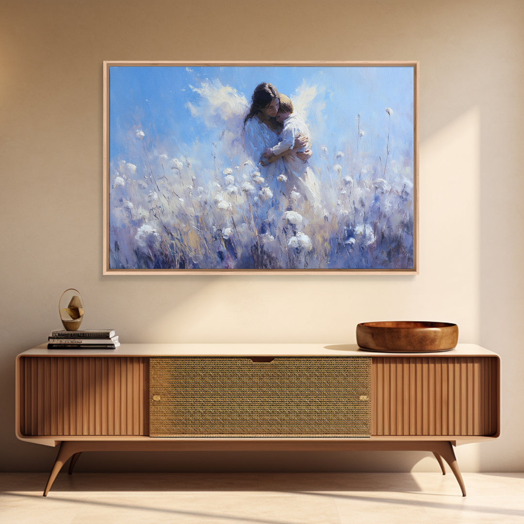 Blue Guardian Angel Mother And Child In Cotton Field Wall Art, Christian Nursery Decor, Motherhood Gift, Fine Art Print, Home Decor
