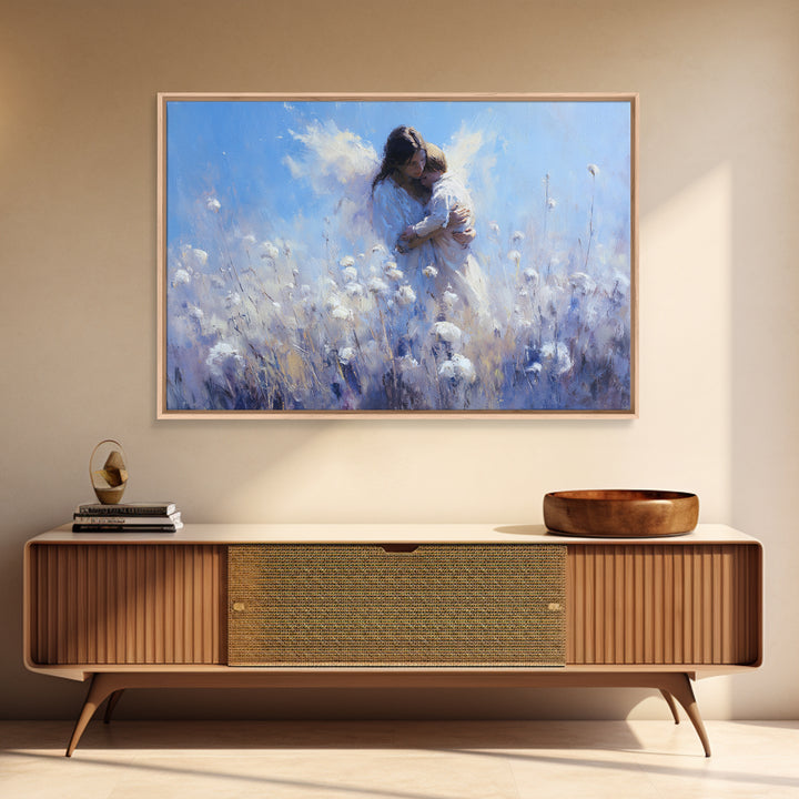 Blue Guardian Angel Mother And Child In Cotton Field Wall Art, Christian Nursery Decor, Motherhood Gift, Fine Art Print, Home Decor