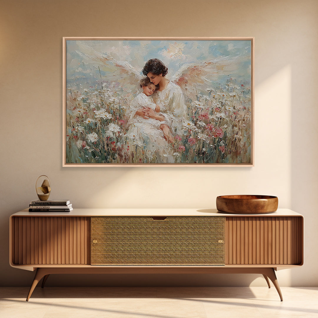 Textured Guardian Angel With Sleeping Child In Daisy Meadow Framed Canvas Print, Christian Wall Art, Nursery Decor, Gift