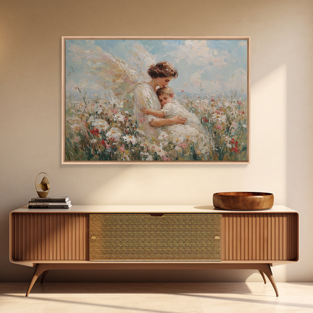 Sunlit Guardian Angel Embracing Child In Wildflower Meadow Canvas Print, Christian Wall Art, Motherhood Gift, Nursery Decor